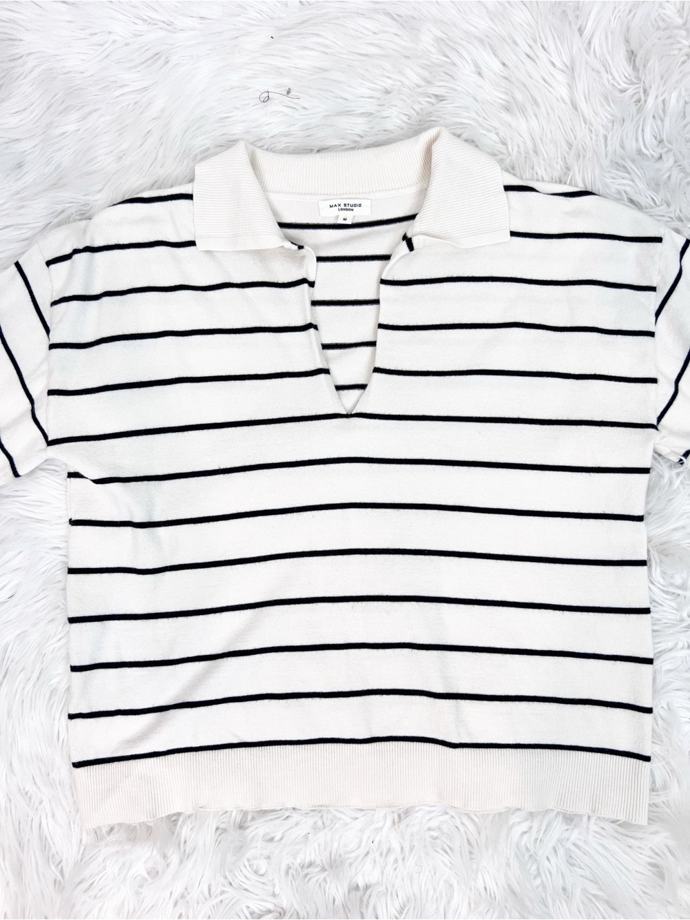 MAX STUDIO LONDON OFF-WHITE BLACK STRIPE SHORT SLEEVE POLO SWEATER MEDIUM